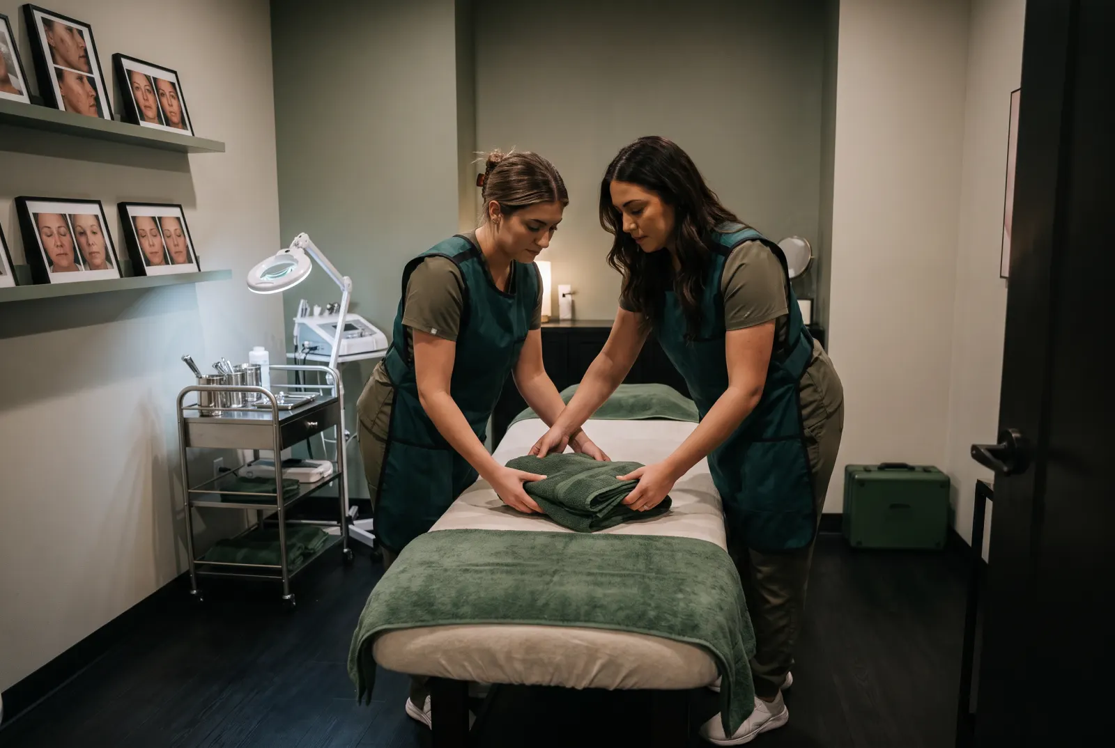 Professional waxing Cedar Rapids studio with RN esthetician preparing treatment room